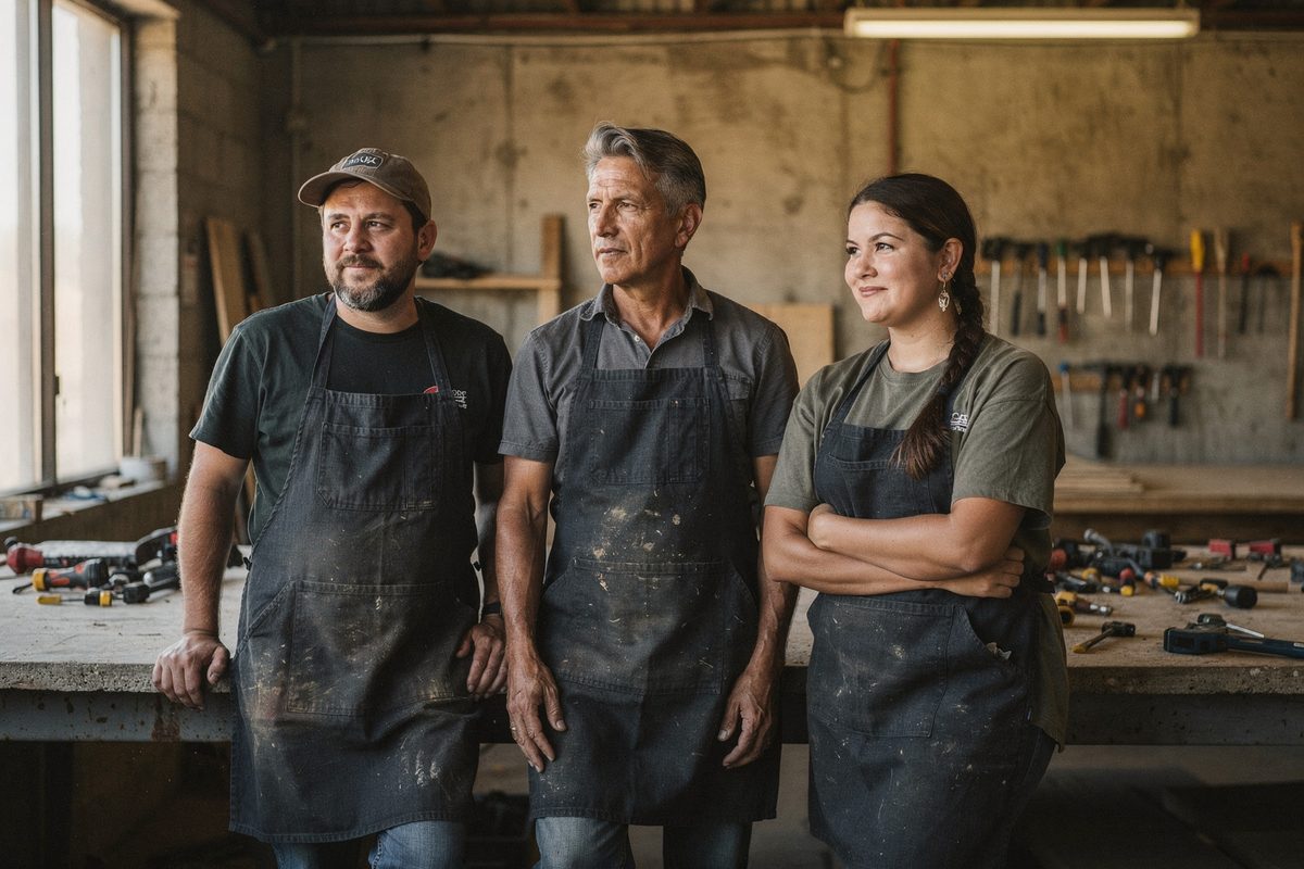 The three-person workshop crew standing together at their workbench