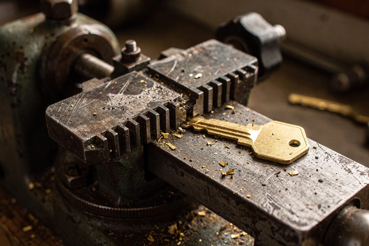 A worn steel tracer plate clamped into a key-cutting machine