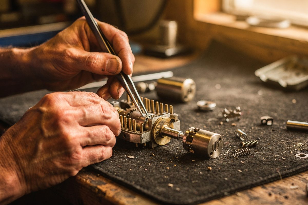 Hands setting brass pins into a disassembled lock cylinder on a bench mat